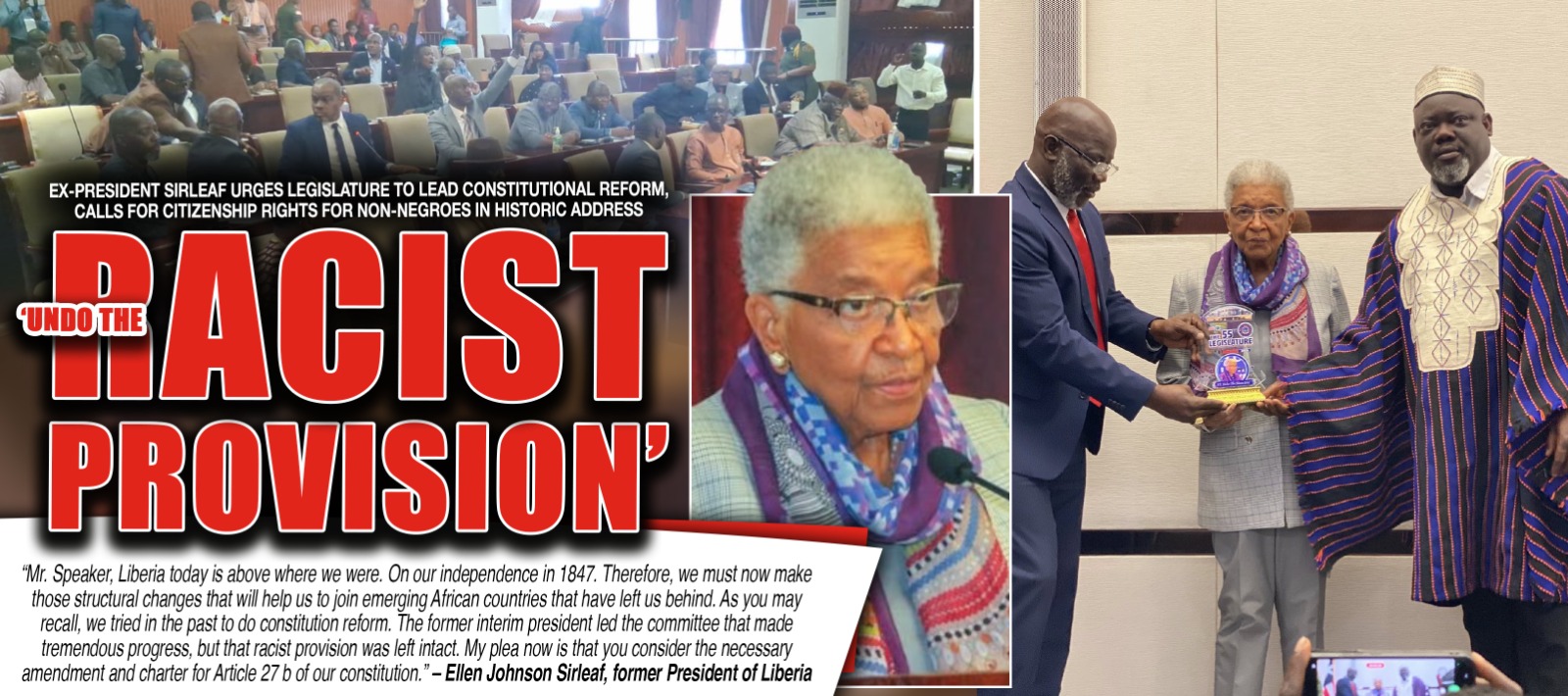 Liberia: Ex-President Sirleaf Urges Legislature to Lead Constitutional Reform, Calls for Citizenship Rights for Non-Negroes in Historic Address