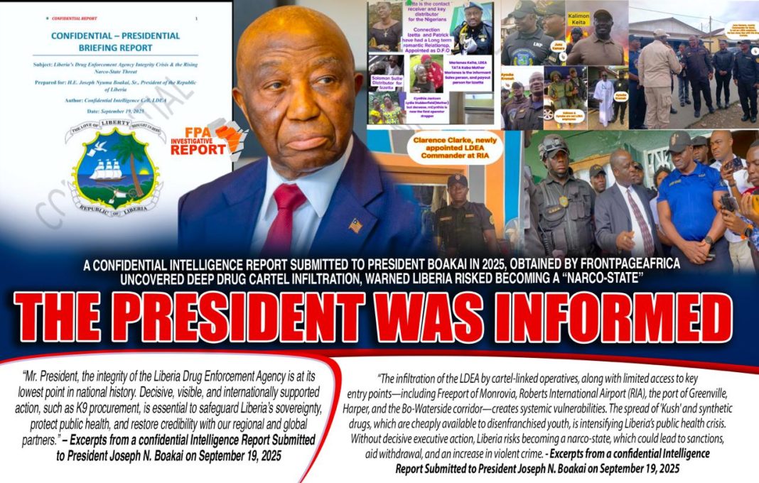 A confidential Intelligence Report Submitted to President Boakai in 2025, Obtained by FrontPageAfrica Uncovered Deep Drug Cartel Infiltration, Warned Liberia Risked Becoming a “Narco-State”